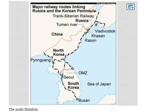Rail line from Russia to North Korea (port of Rajin located at Rason). Asahi Shimbun map.