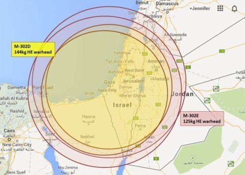 Ranges of the highest-threat variants, Syrian M-302 artillery rocket.  Assumed launch from Gaza. (Google map; author annotation)