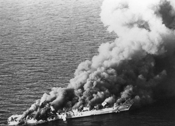 Sabalan’s sister ship, the frigate Shahand, after an encounter with the US Navy in April 1988. Sabalan was hit the same day with a 500-lb Mk82 LGB from a Navy A-6 Intruder. Disabled and on fire, she was towed to port and eventually repaired. Sahand sank in the Persian Gulf.