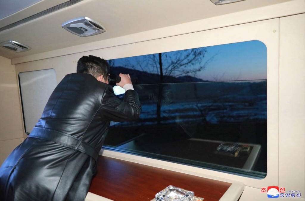 Kim Jong-Un observes the missile launch on 11 Jan 2022. KCNA image